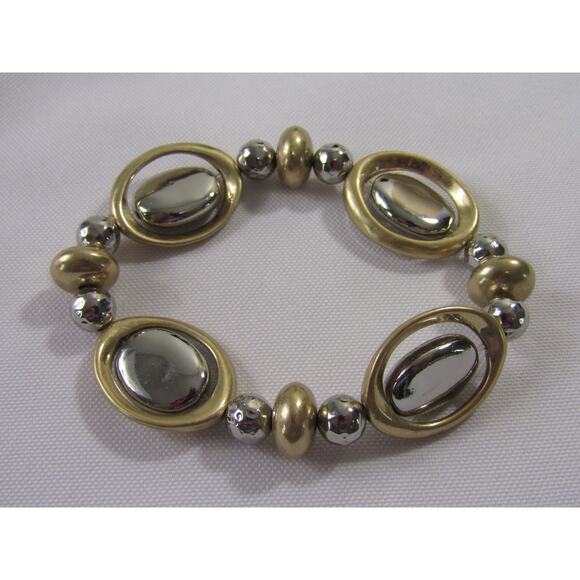 2 Tone Stretch Wrist Bracelet 6 3/4" Minimalist Neutral Oval Bead Disc Station - Picture 1 of 4